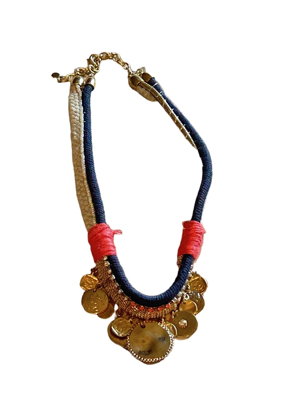 Gold Coin Pendant Statement Necklace with Navy and Cream Rope